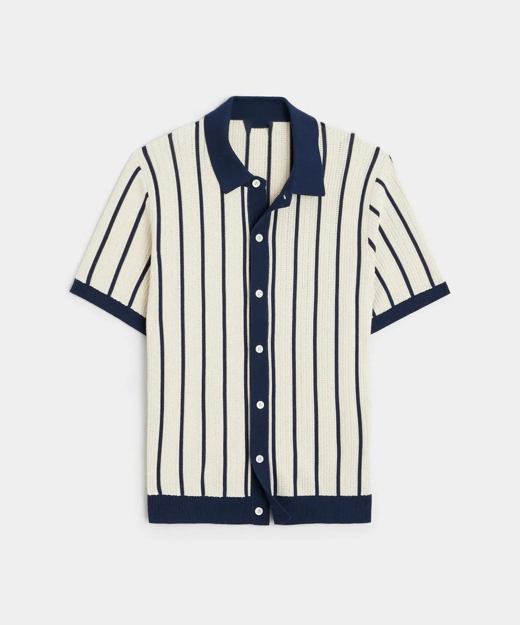 Men's white ice silk knitted short sleeve shirt with lapel collar and asymmetric styling