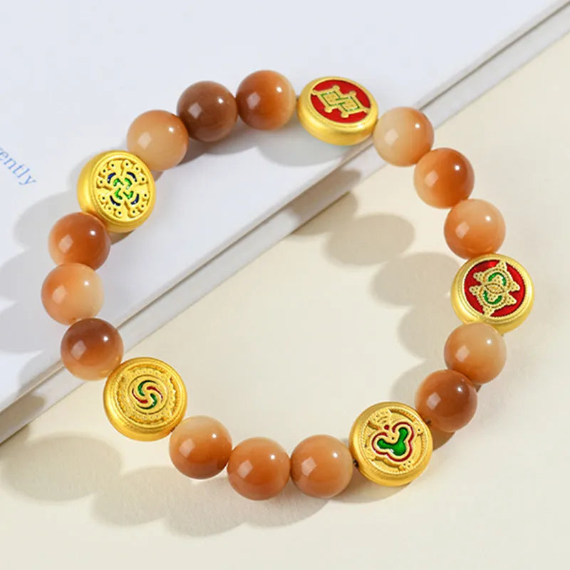 Yellow bodhi seed bracelet with five directions pattern and round geometric design
