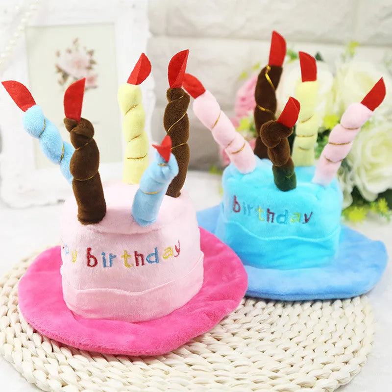 Adjustable dog birthday hat for small breeds in pink or blue colour with elastic strap