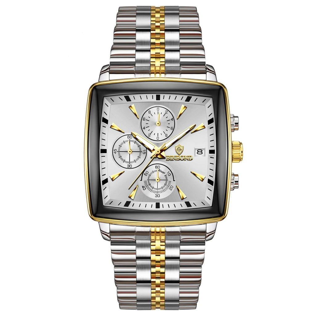 Men's rectangular dial quartz watch with stainless steel case and luminous waterproof features
