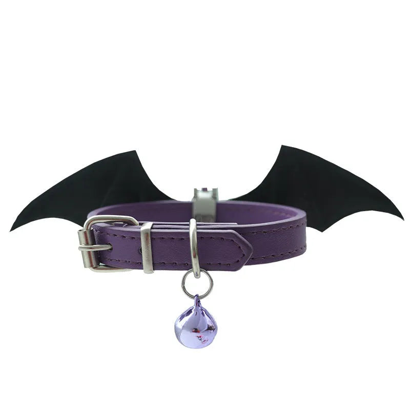 Patent leather satin adult collar with little devil wings and metal bell in multiple colours