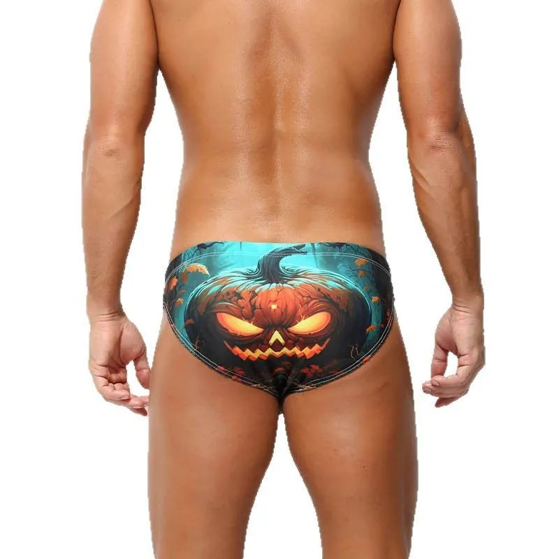 Men's quick-drying digital print shorts in polyester fabric showing low waisted briefs style