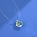 Close-up of a silver plum blossom pendant necklace with a moissanite stone set on an invisible fishing line.