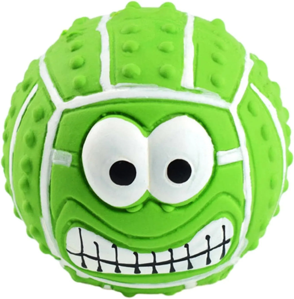 Green latex dog ball with smile face design, suitable for small and medium pets