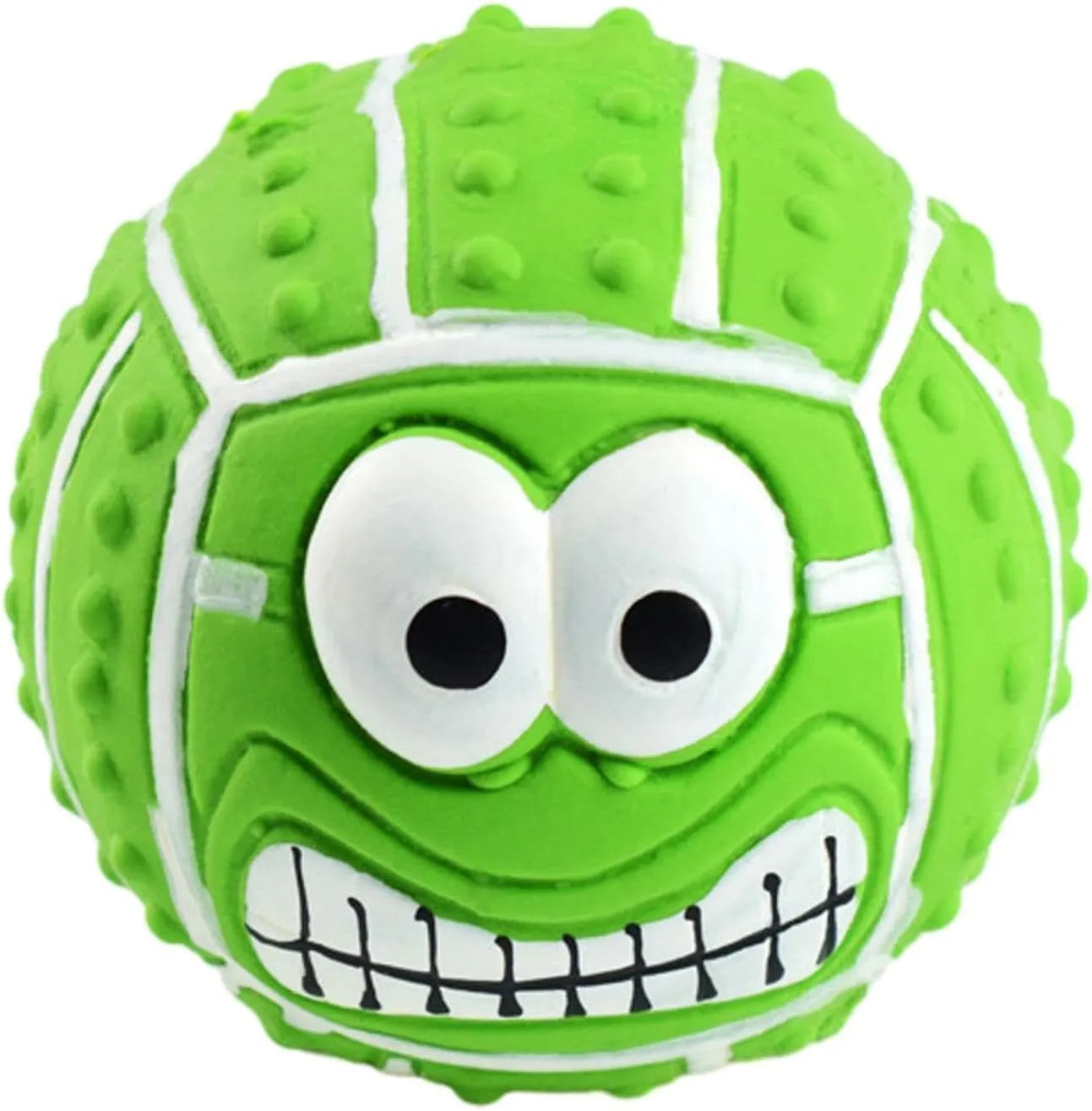 Green latex dog ball with smile face design, suitable for small and medium pets