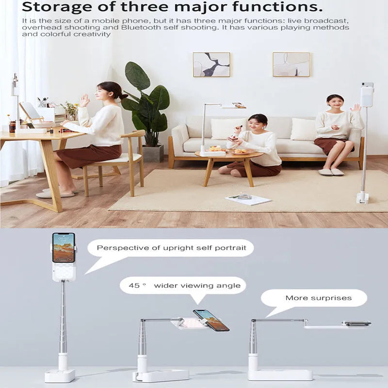 Floor-standing mobile phone fill light bracket with LED illumination and telescopic folding design