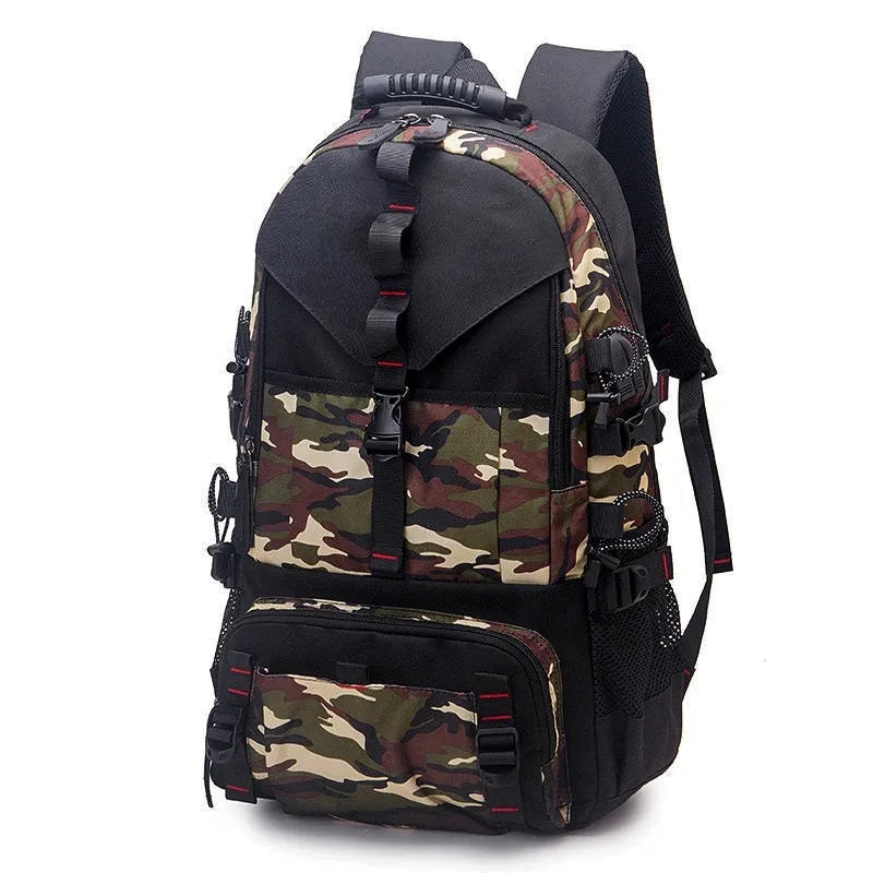 Men's waterproof Oxford cloth hiking backpack showing 56-75 litre capacity and air-pillow belt system