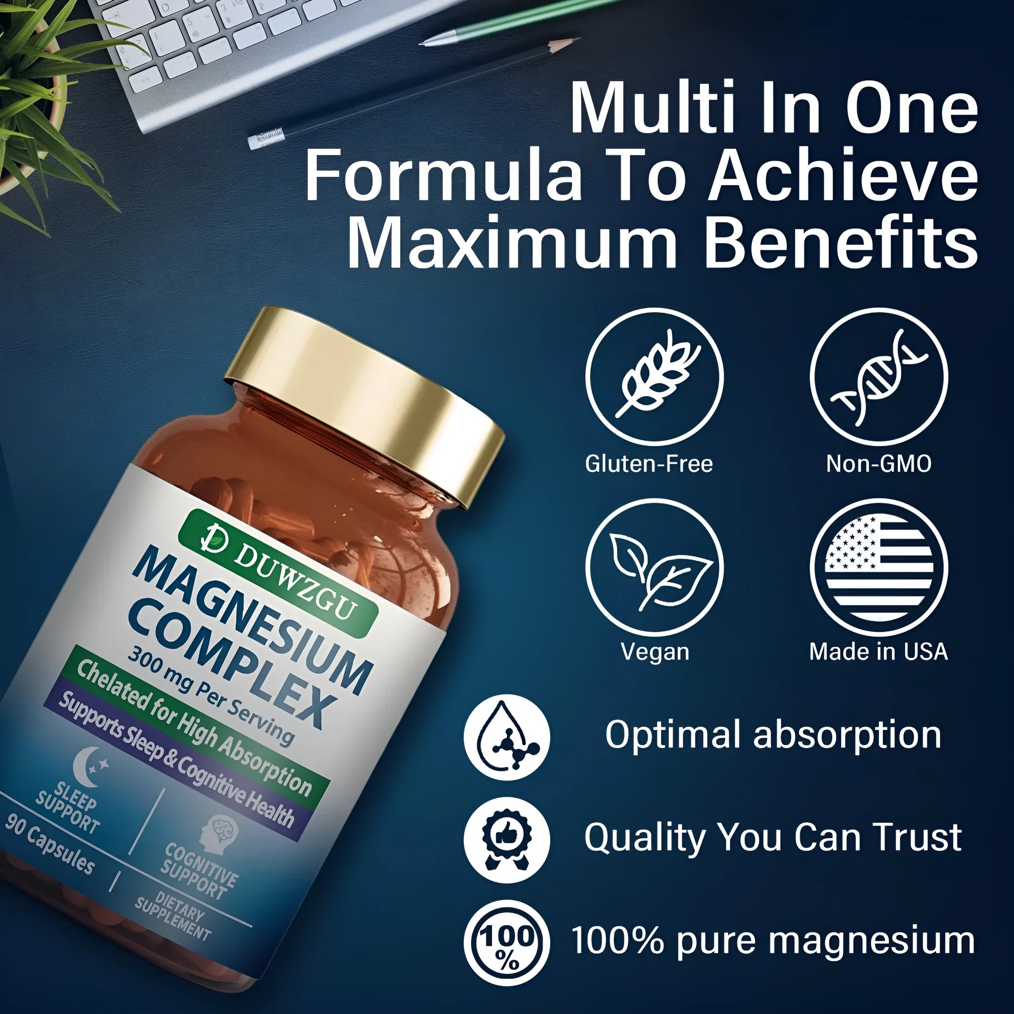 Bottle of Zinc Magnesium Complex Capsules 90 capsules on white background, supplement label visible