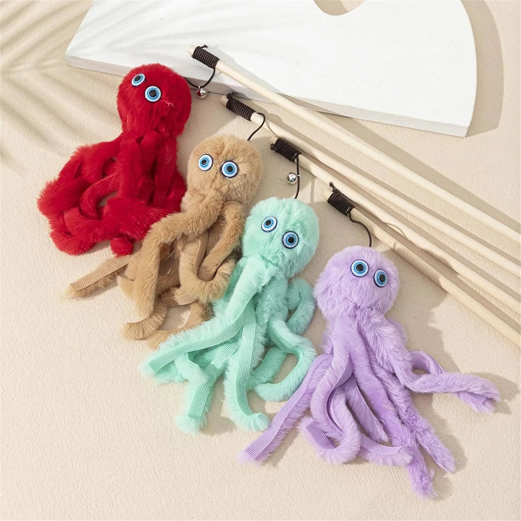 Octopus cat toy with long stick and movable eyes in bright colours for indoor kittens