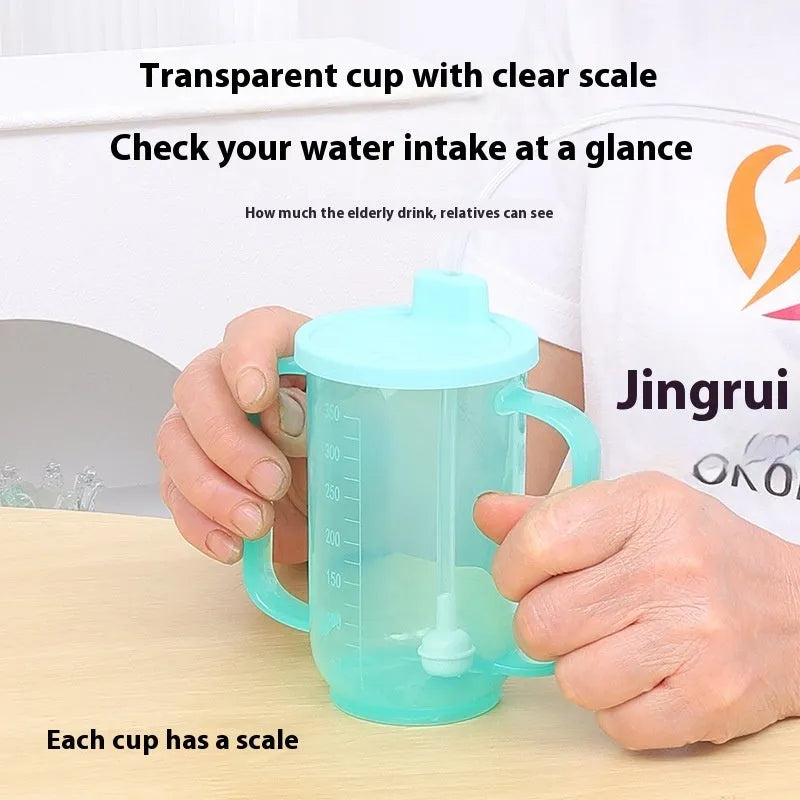 Elderly anti-choke drinking cup with handle and oblique mouth design for bed use
