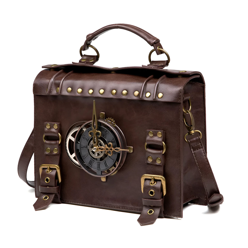 Bronze steampunk shoulder bag with textured PU, metal hardware, and square pillow shape.