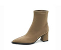 Women's khaki stretch suede pointed toe ankle boots with wedge heels on white background