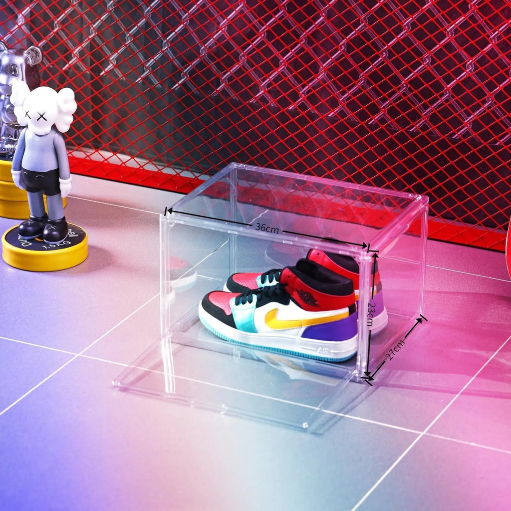 Clear acrylic shoe storage box with magnetic side door and lid