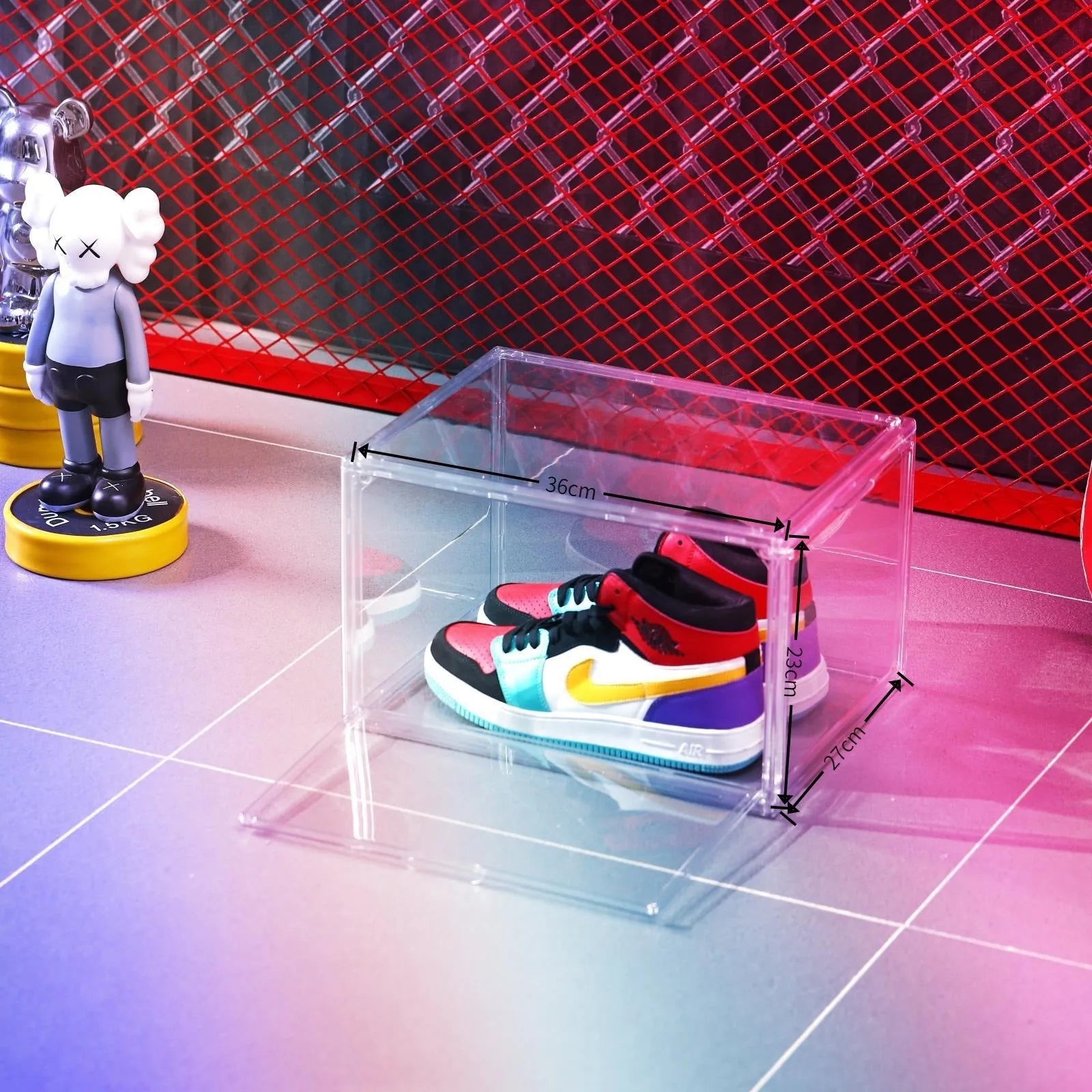 Clear acrylic shoe storage box with magnetic side door and lid