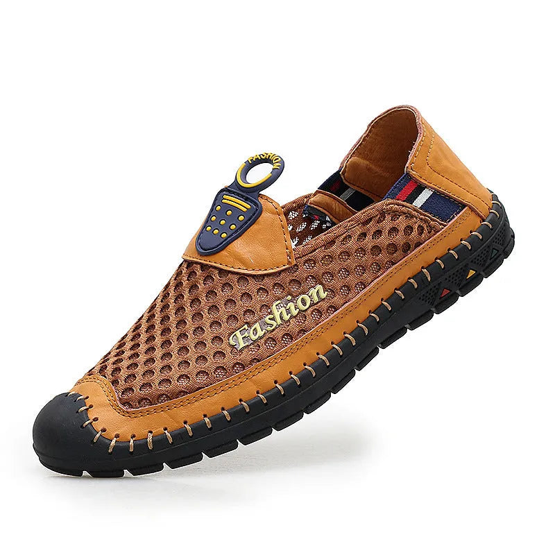 Men's brown mesh casual shoes with round toe and rubber sole on a white background