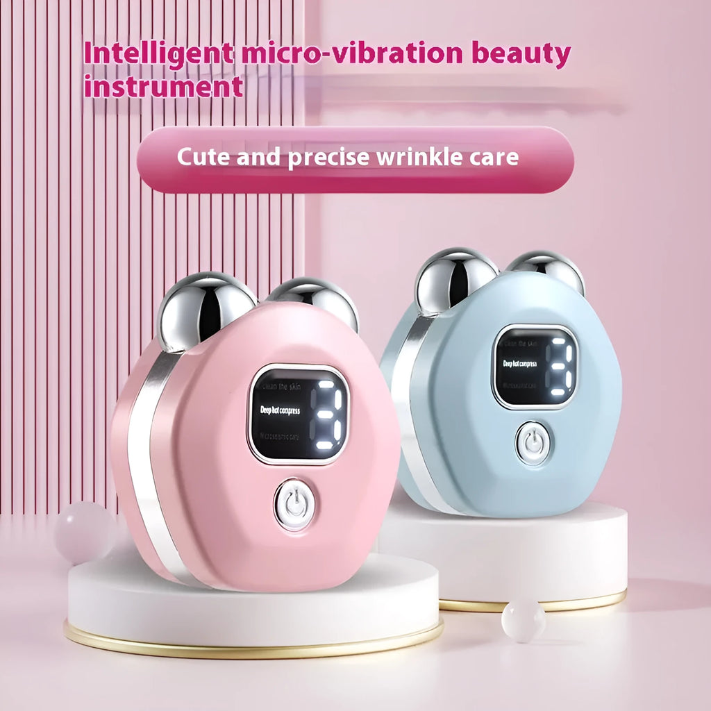 Portable white beauty instrument with double roller head for hot compress and micro current facial massage.