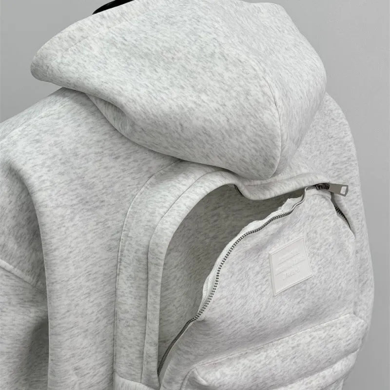 Men's schoolbag design hoodie jacket in light grey or black colours with Asian sizing options
