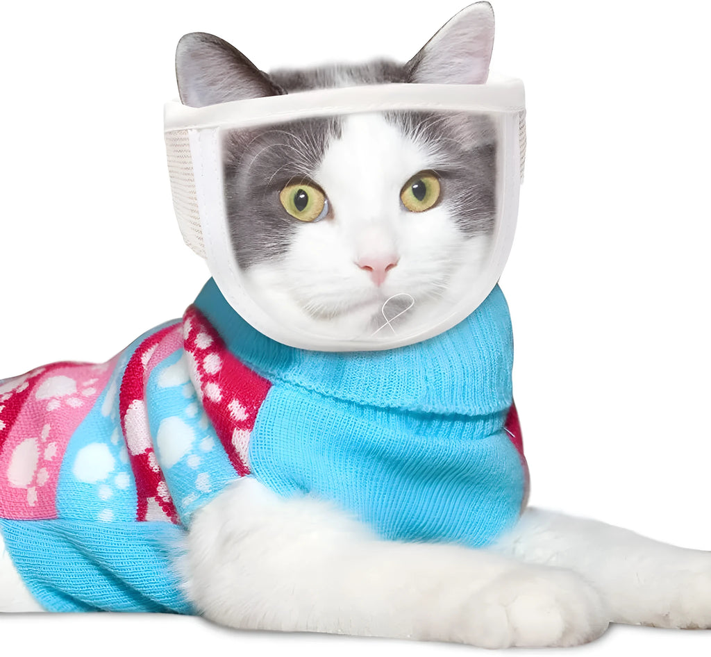 Clear PVC and cotton cat muzzle mask with central breathing hole shown on S and M sizes.