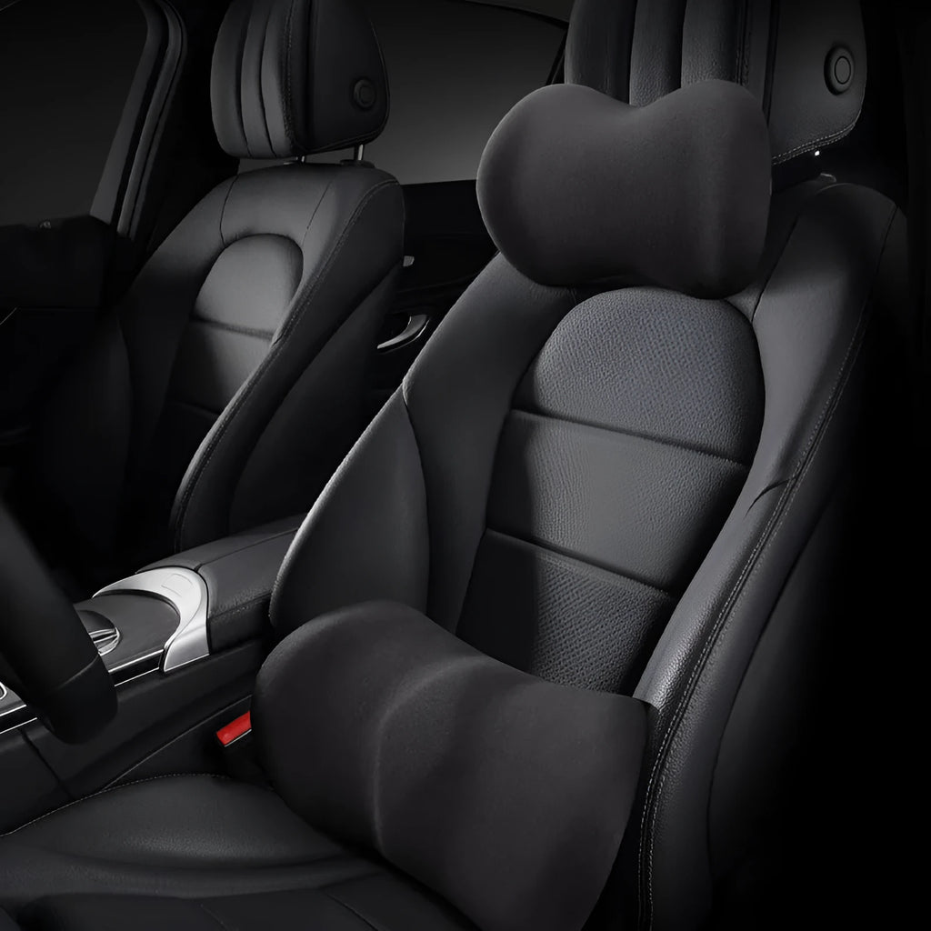 Car seat headrest pillow and lumbar support cushion set in multiple colour options
