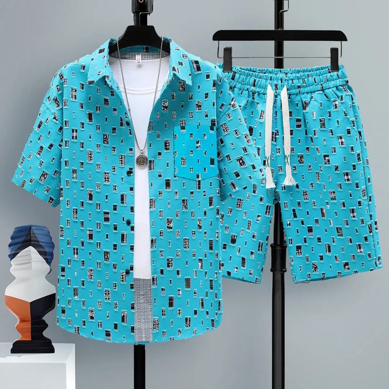 Men's casual sports two-piece set showing short sleeve top and matching shorts