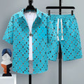 Men's casual sports two-piece set showing short sleeve top and matching shorts