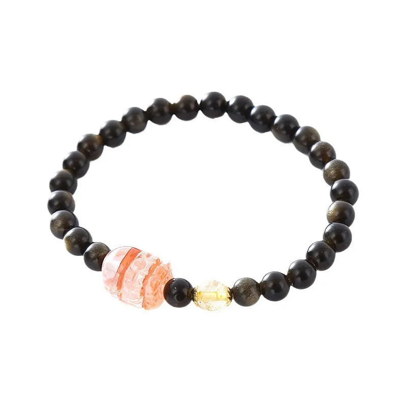 Handmade natural obsidian pi xiu bracelet with retro ethnic style, gold obsidian or red flower colour options
