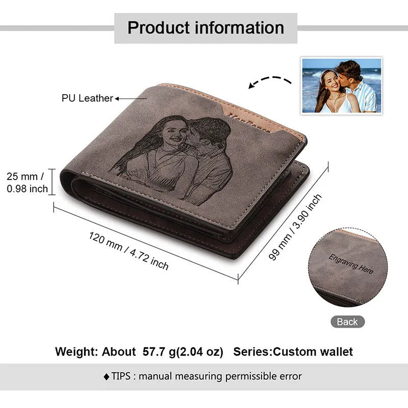 Coffee colour engraved horizontal short wallet showing seven card slots and custom text personalisation option