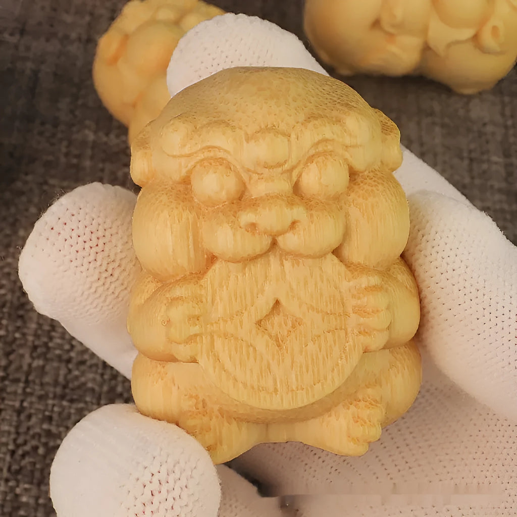 Solid bamboo carving ornament with Take Money design, 4.5cm tall, on a wooden surface.