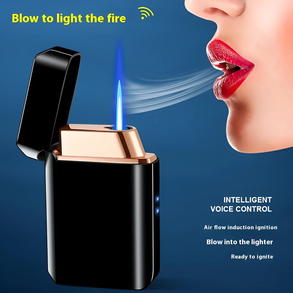 Voice-controlled Blow-and-blow Ignition Torch Lighter with Metal Construction, Wind Resistance, Available in Black Ice, Gold Brushed, Blue Ice, Nickel Brushed, Silver Brushed, HT-2303 Gift Box Set for Everyday Use