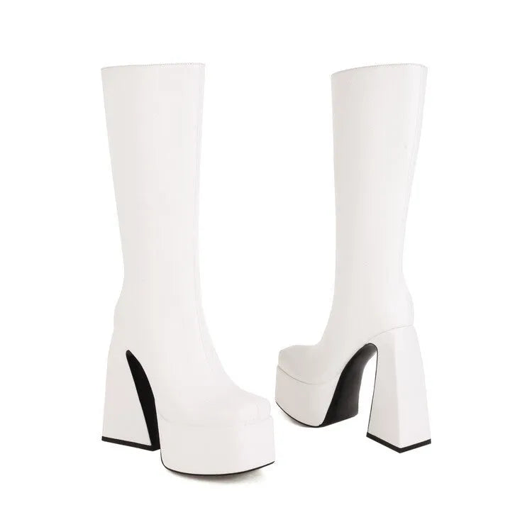 Women's black knee-high casual boots made from artificial PU material on a white background.