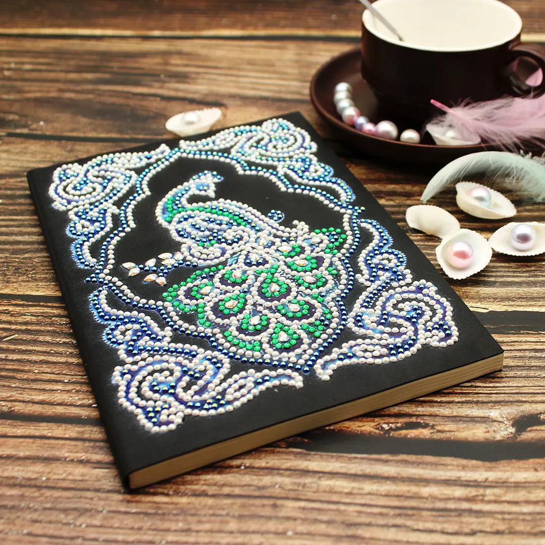 Black A5 diamond painting notebook for peacock art with shaped and bright drill decoration