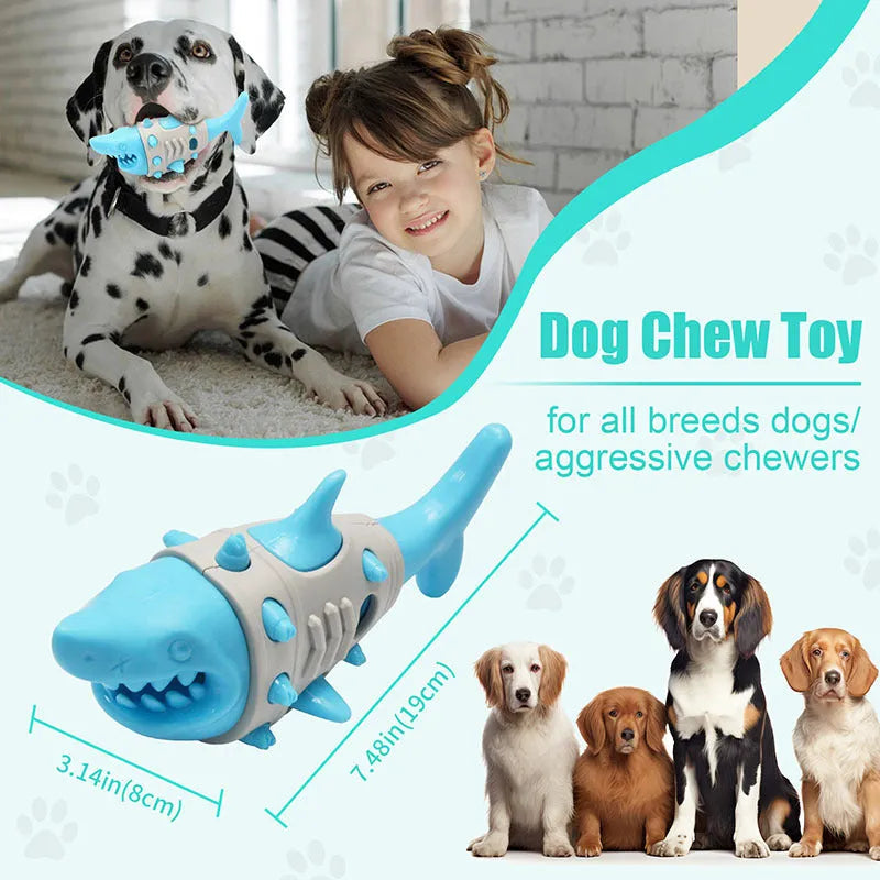 Blue shark-tooth textured dog chew toy with bite-resistant rubber construction and squeaker