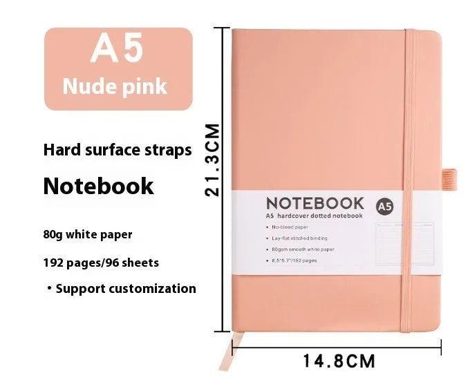 A5 soft touch PU leather notebook open on lined pages, shown in multiple colour options.