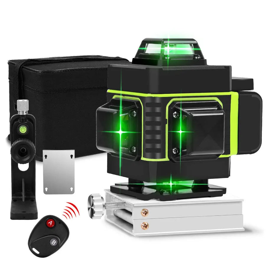 Rotating laser level showing 16-line green beam projection for wall alignment