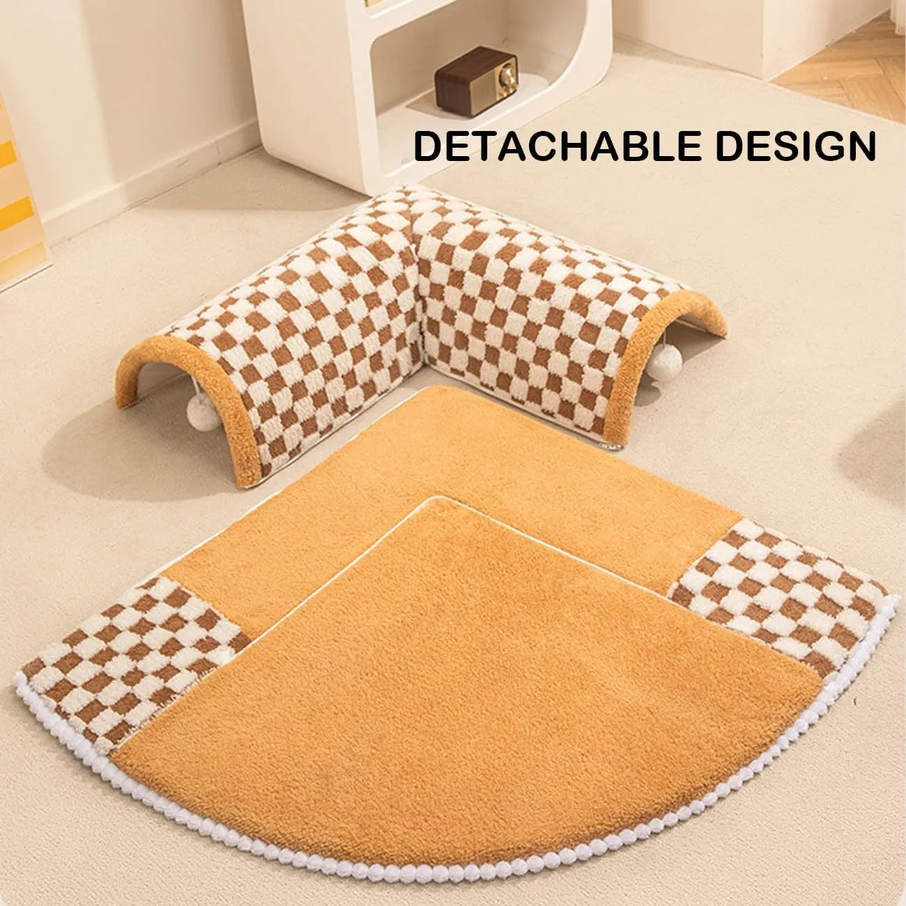 Coffee coloured plush 2-in-1 pet bed with a sleeping mat and an attached tunnel, showing anti-slip base.