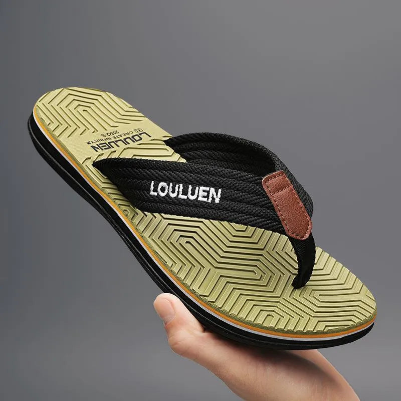 Men's black flip flops with open toe, EVA upper and textured PVC sole.