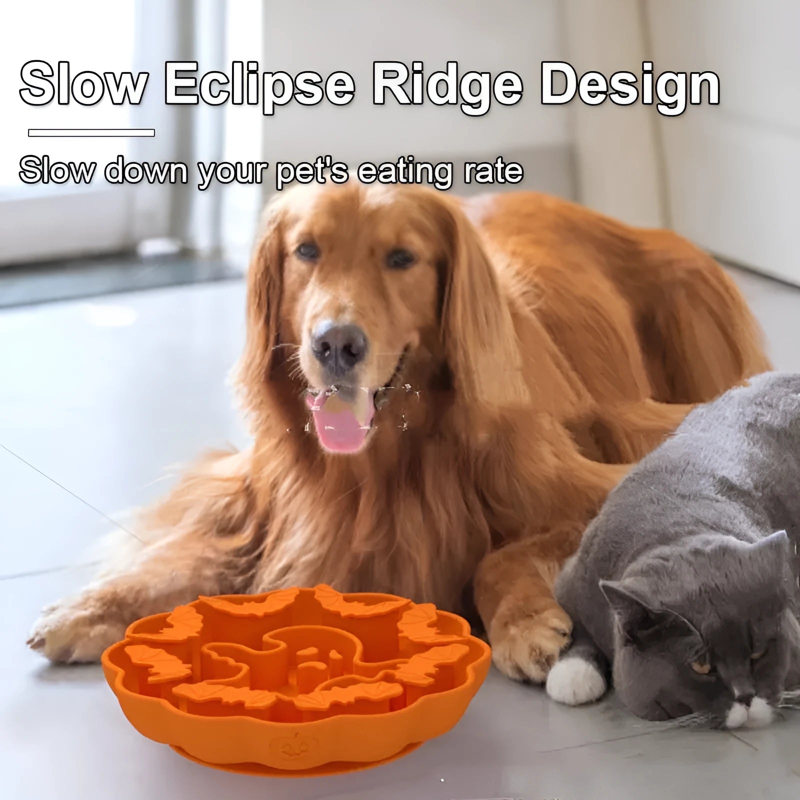 Edible silicone slow feeding dog bowl with anti-tumble base in Halloween orange colour