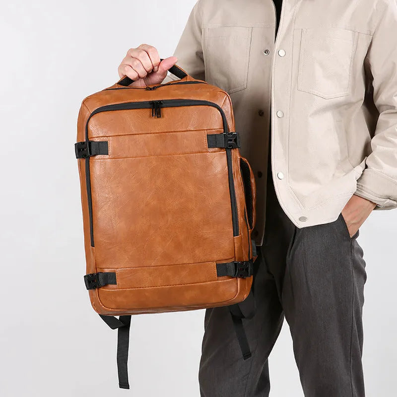 Multi-functional scalable computer backpack in solid black colour, PU waterproof finish, 20-35 litre capacity