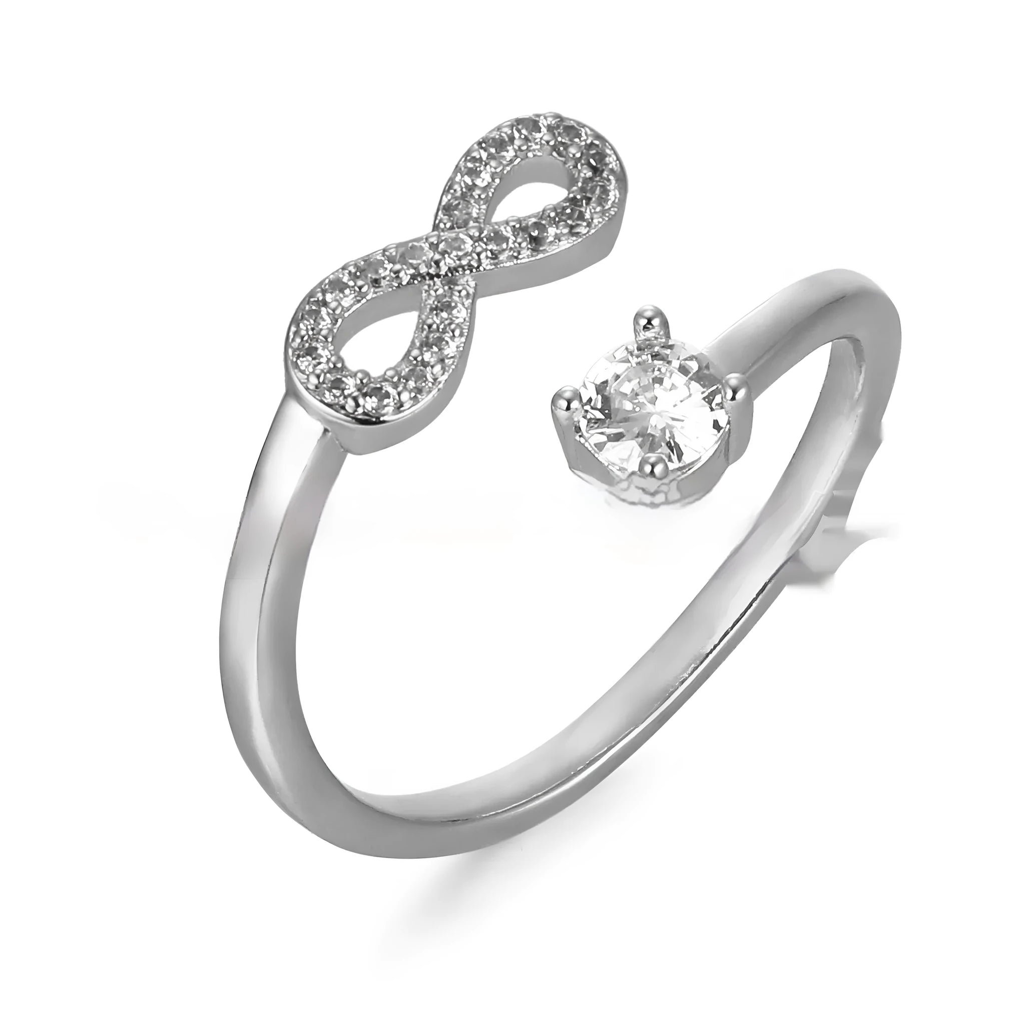 Geometric open band ring with engraved letter and zircon inlays in gold, rose gold, or silver finish