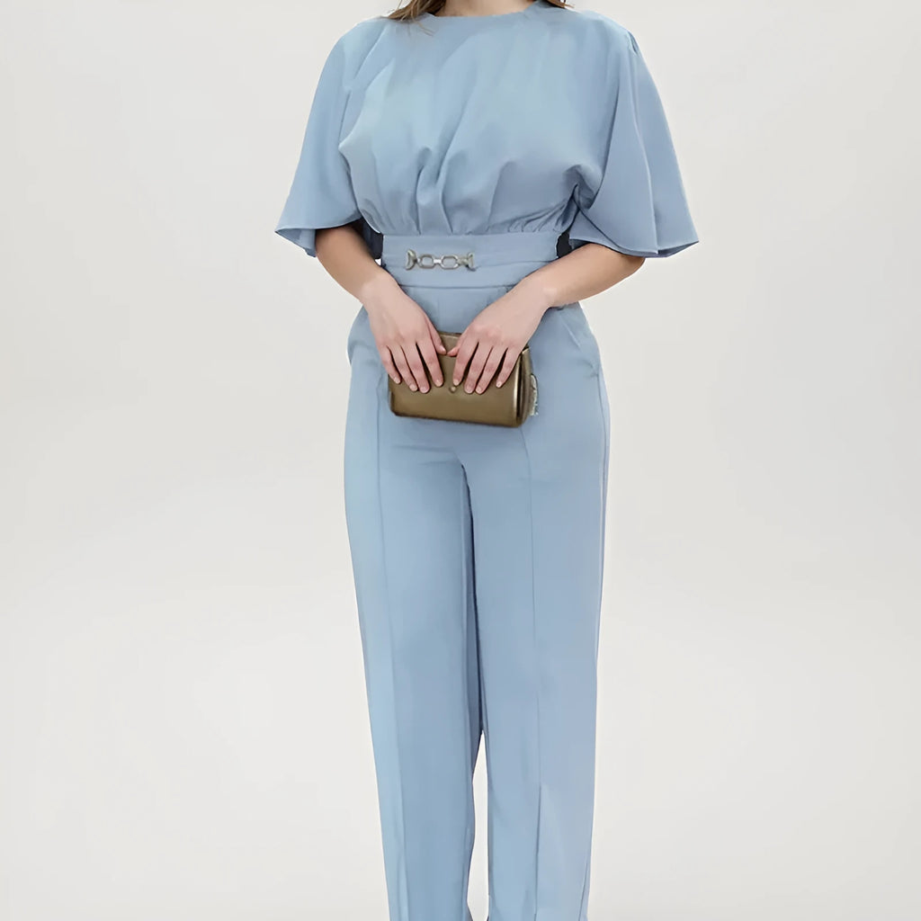 Blue men's polyester suit set with trousers and a long-sleeve top on a mannequin.