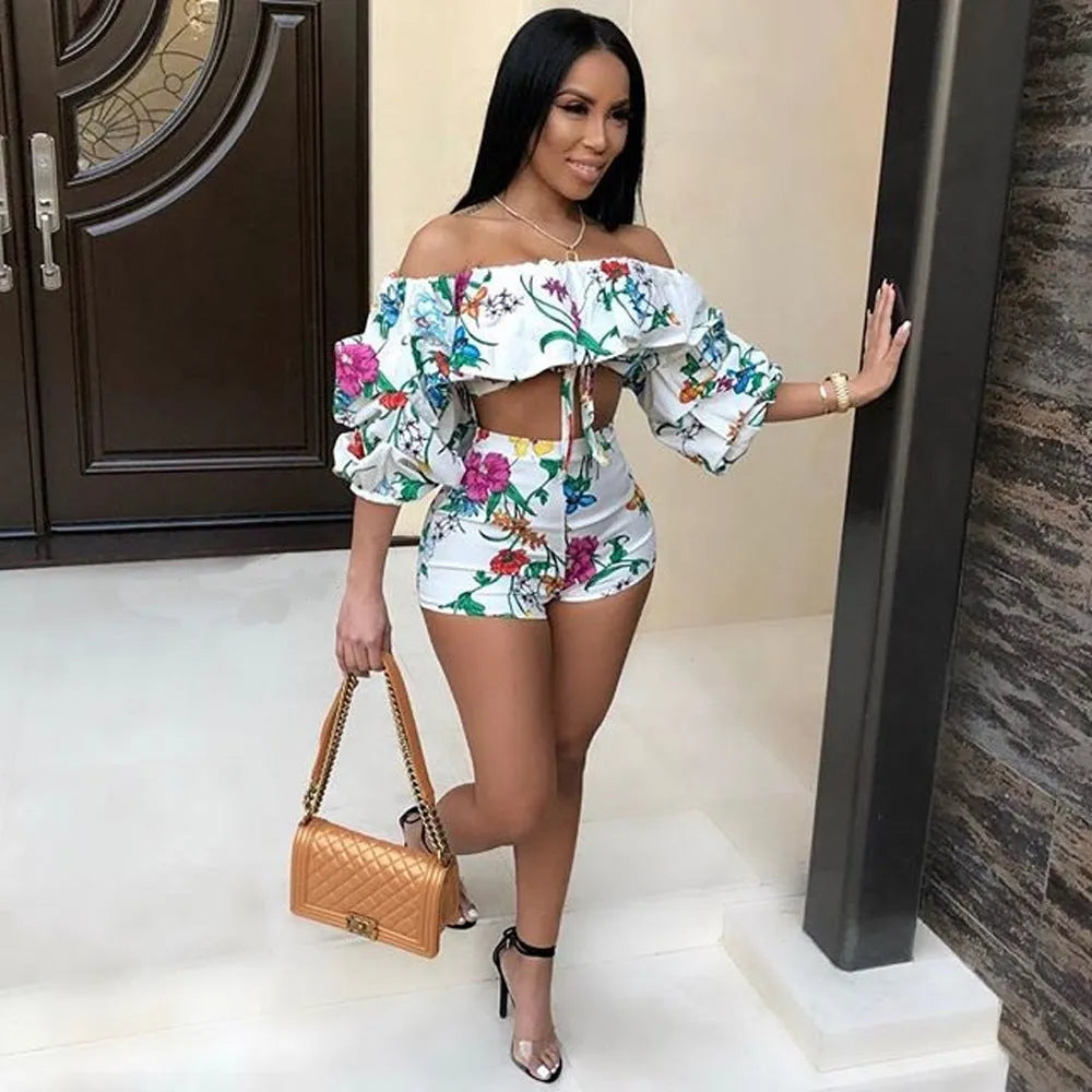 Women's multicolour digital print two-piece set with pile sleeve top and matching shorts.