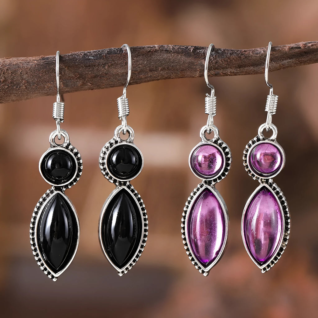 Vintage geometric pendant earrings in black and purple with bohemian retro style