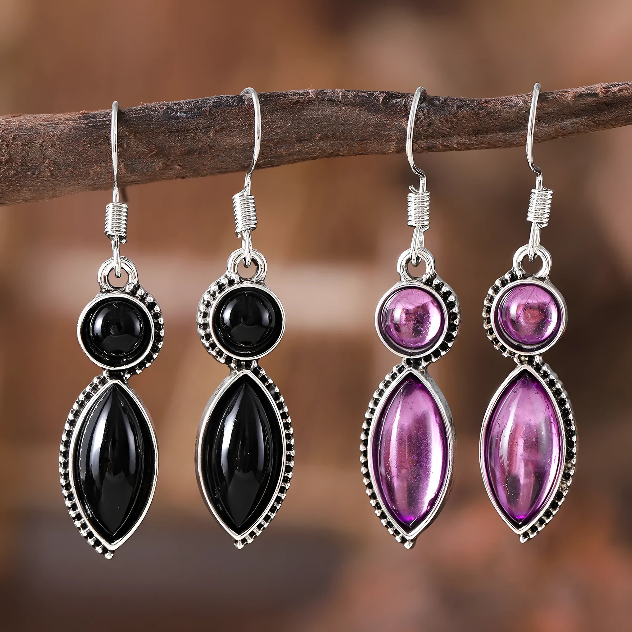 Vintage geometric pendant earrings in black and purple with bohemian retro style