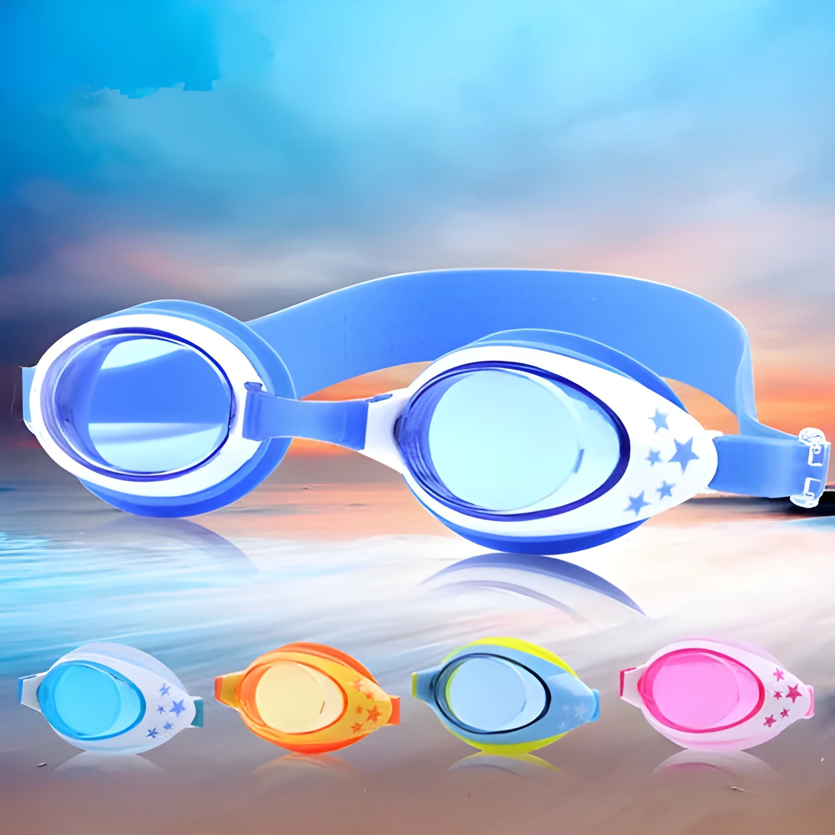 Children's anti-fog swimming goggles with PC lens, blue colour, on white background