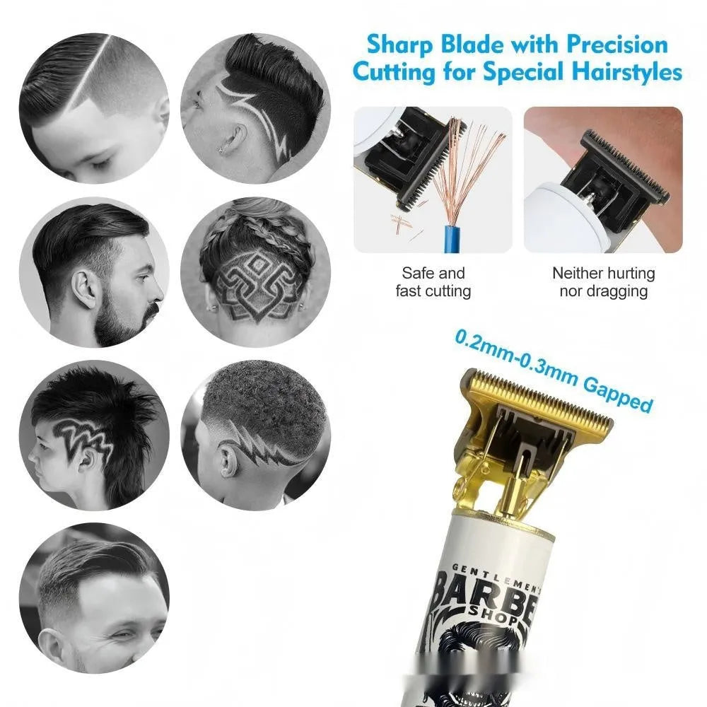 Rechargeable hair clipper with stainless steel cutter head and 4 attachments on a plastic body.