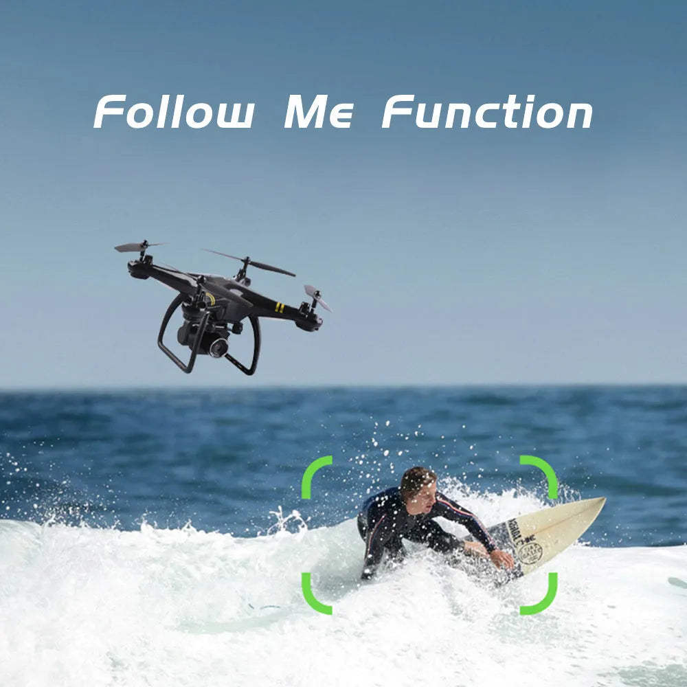 Black 5G GPS quadcopter drone with HD camera and fence guards on a flat surface