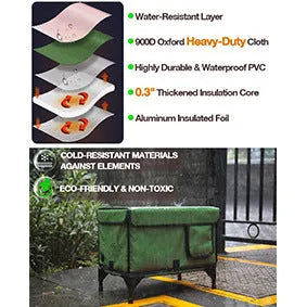 Green foldable cloth cat cage with heating insulation showing S M L size options for outdoor pet containment