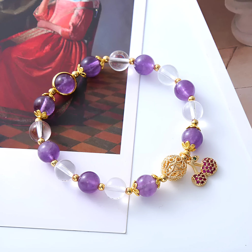 Purple amethyst crystal bracelet with micro-inlaid cherry blossom pattern for women's sweet fairy style jewellery