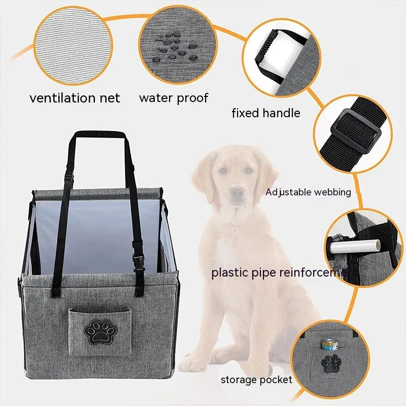 Black Oxford cloth collapsible pet crate for dogs, shown with measurements 49cm by 49cm by 38cm.