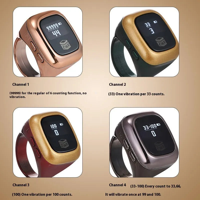 Al-fatiha electronic prayer counter with LED display in black, silver, rose gold, wine red, green, or space gray finish.